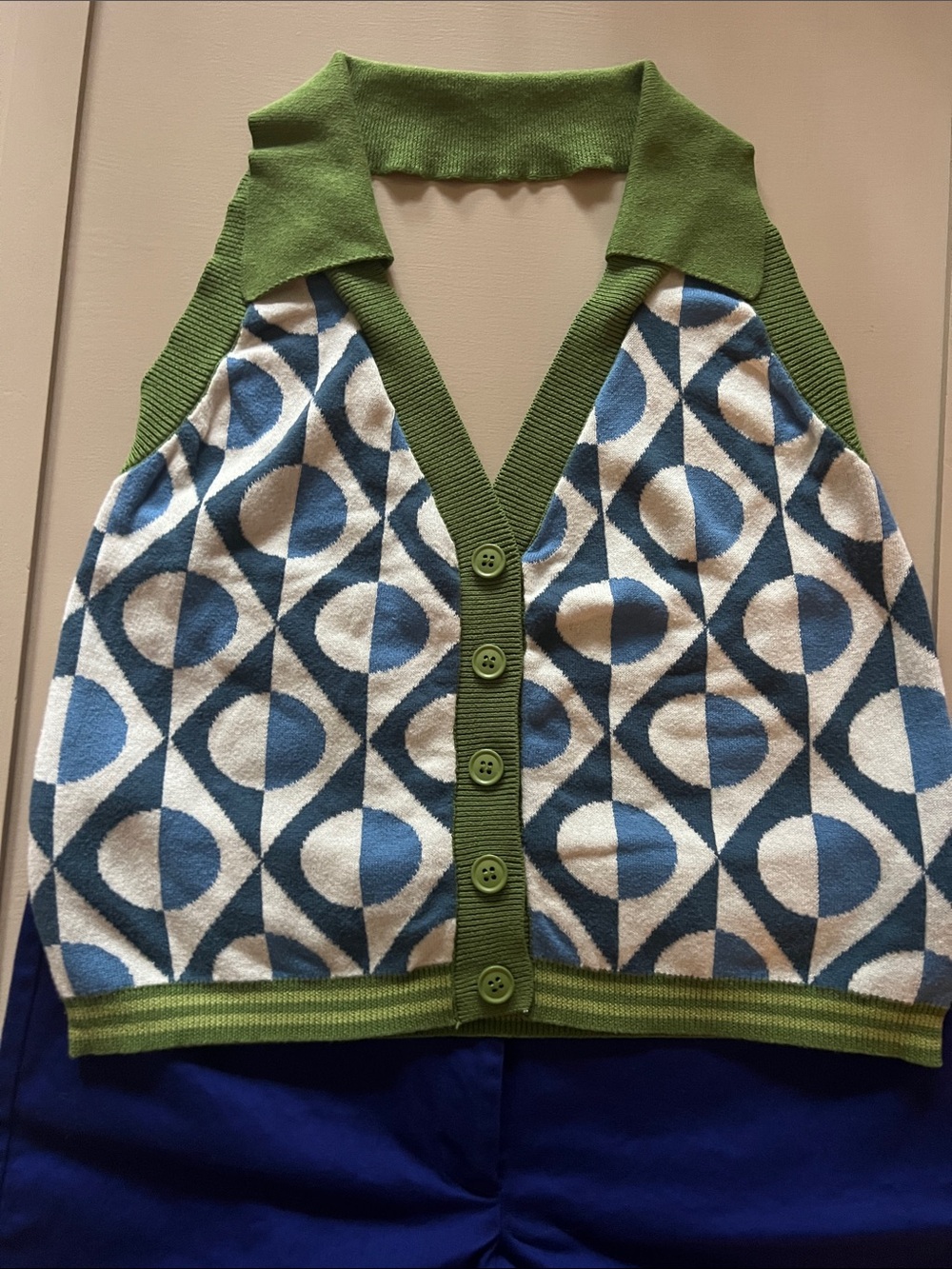 OxKnit Geometric Knit Button-Front Halter Top in Green and Blue